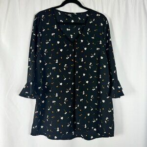Bobeau Black Floral Tunic Blouse Pleated Front 3/4 Length Ruffle Sleeve XL